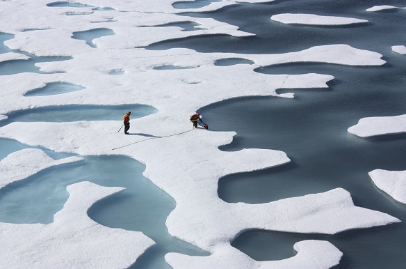 Crew of the U.S. Coast Guard Cutter Healy, in the midst of their ICESCAPE mission, retrieve supplies for some mid-mission fixes dropped by parachute from a C-130 in the Arctic Ocean (Kathryn Hansen/Courtesy Reuters)